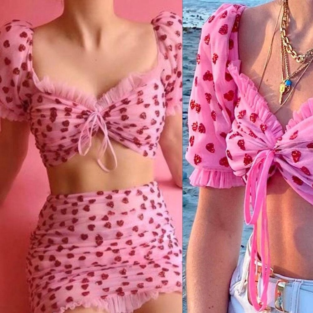 Lirika Matoshi Heart Top Pink Tulle Puff Sleeves sz XL